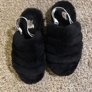 UGG Women's Black Fluffy Slide Slippers with Logo Branded Strap
